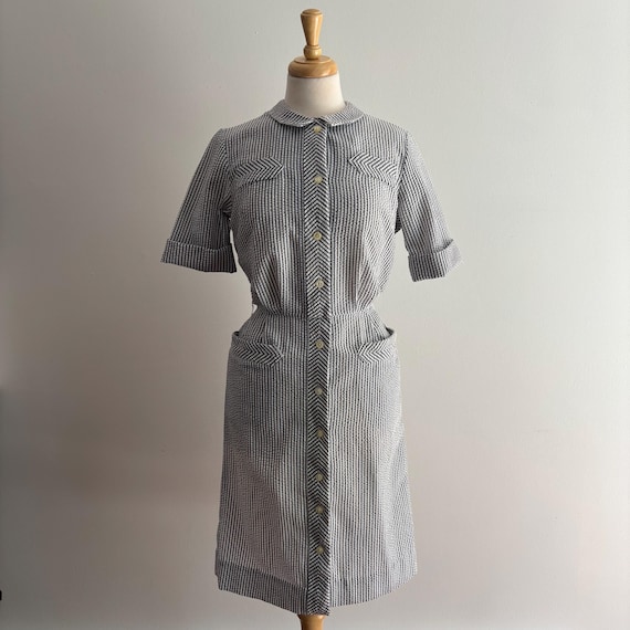 Vintage 1960s Railroad Stripe Seersucker Shirtdress / 26 waist