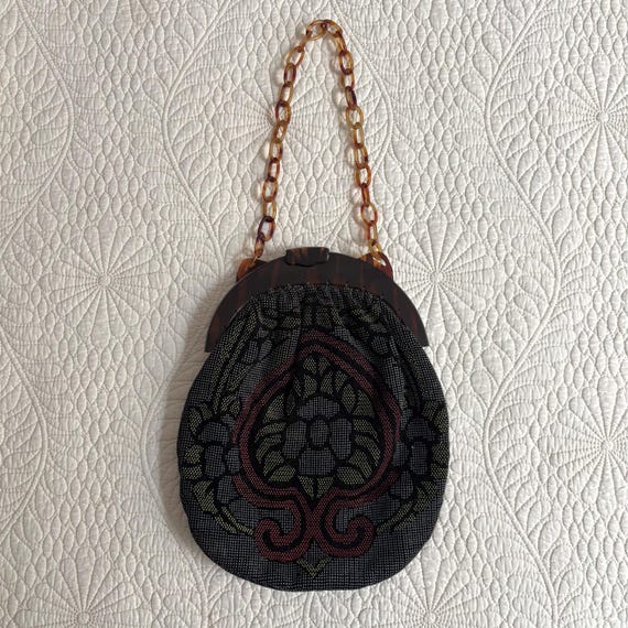 Vintage 1930s Tortoiseshell Celluloid Frame Floral Print Fabric Purse
