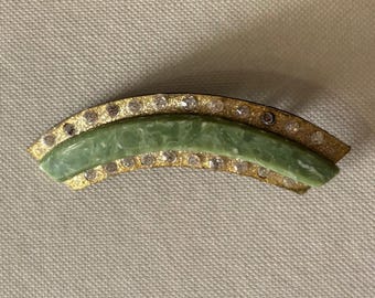 Vintage Art Deco Early Plastic Gold Sparkle, Rhinestone and Faux Jade Brooch
