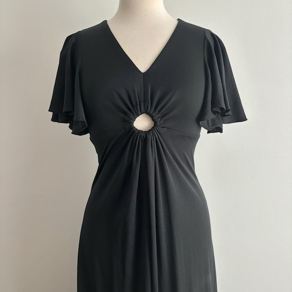 Vintage 70s Black Keyhole Flutter Sleeve Maxi Dress XS / Waist 25 inch