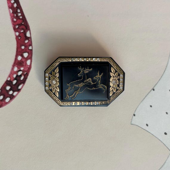 Vintage Art Deco Leaping Stag Black & Gold Etched Deer Rhinestone Rose Brooch