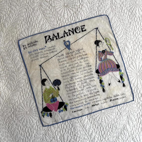 Vintage 1960s French Zodiac LIBRA / BALANCE Novelty Handkerchief Blue