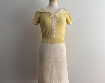 Vintage 1950s 60s Yellow Knit Eyelet Sportswear Top & Skirt Set / 24 waist