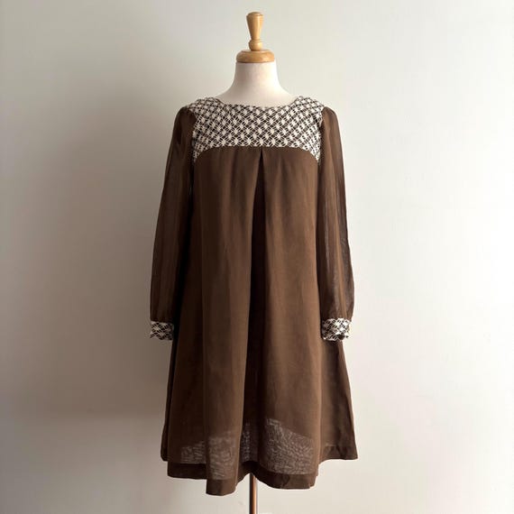 Vintage 1960s Brown with Cream Lace Babydoll Mini Dress / S