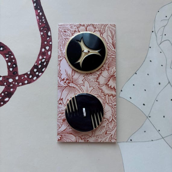 Vintage Early Plastic Art Deco Black & White Carved Button Duo / Set No. 3
