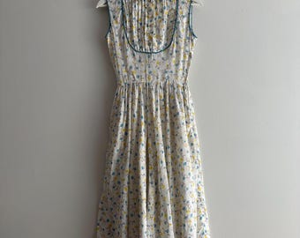 Vintage 1950s Sheer White & Blue Novelty Print Dress / 24 waist