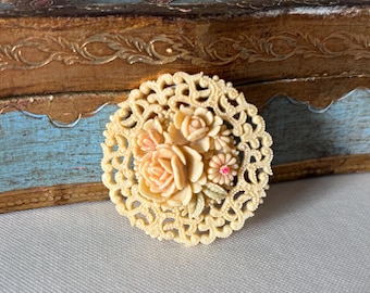 Vintage 1940s Celluloid Rose & Flowers Occupied Japan Brooch