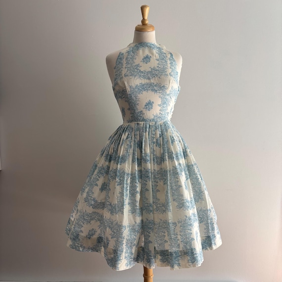 Vintage 1950s L'AIGLON Toile de Jouy Blue and White Dress / 26 waist