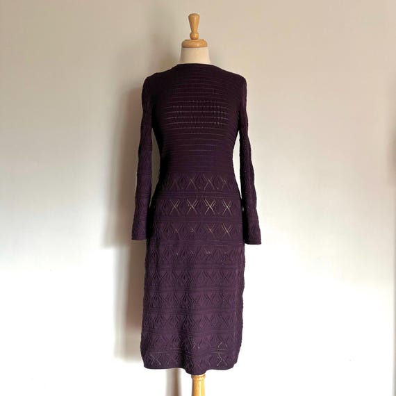 Vintage 70s Plum Knit Lace Long Sleeve Boho Midi Dress M/L