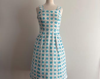 Vintage Early 1960s Blue Apple Print White Cotton Sundress / 28.5 waist