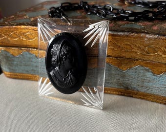 Vintage Clear Lucite & Black Celluloid Cameo Chain Necklace