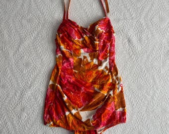 Vintage 1950s COLE of CALIFORNIA Pink, Orange & Gold Floral Ruched Bathing Suit