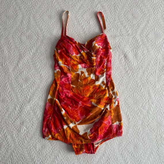 Vintage 1950s COLE of CALIFORNIA Pink, Orange & Gold Floral Ruched Bathing Suit