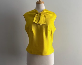 Vintage 1950s Yellow Silk Bow Sleeveless Top / 40-42 bust