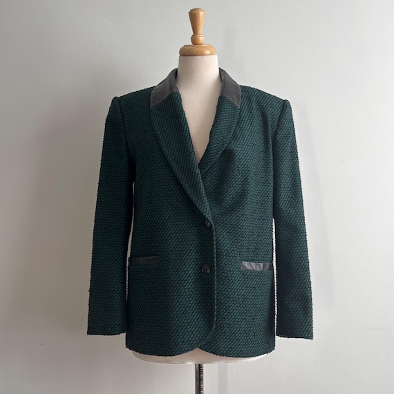 Vintage 80s Emerald Green & Black Bouclé Blazer with Leather Trim M/L