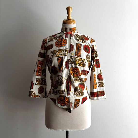Vintage 1950s Novelty Print Collar Cotton Blouse / S M