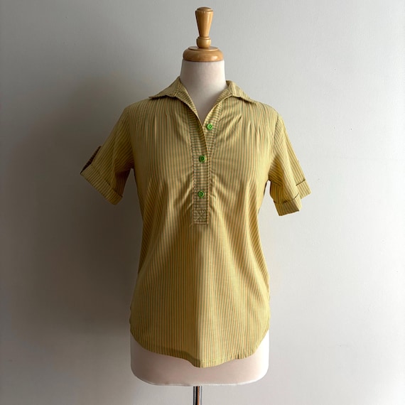 Vintage 1960s Green & Yellow Candy Stripe Short Sleeved Top / 34 bust