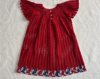 Vintage 1960s Children's Red, Blue & White Crocheted Dress / 4-6 Y