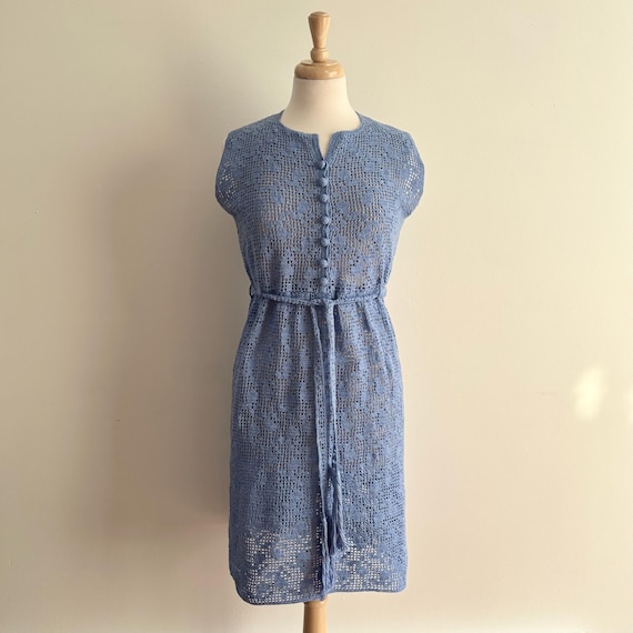 Vintage 1960s Cornflower Blue Crocheted Belted Dress / M L