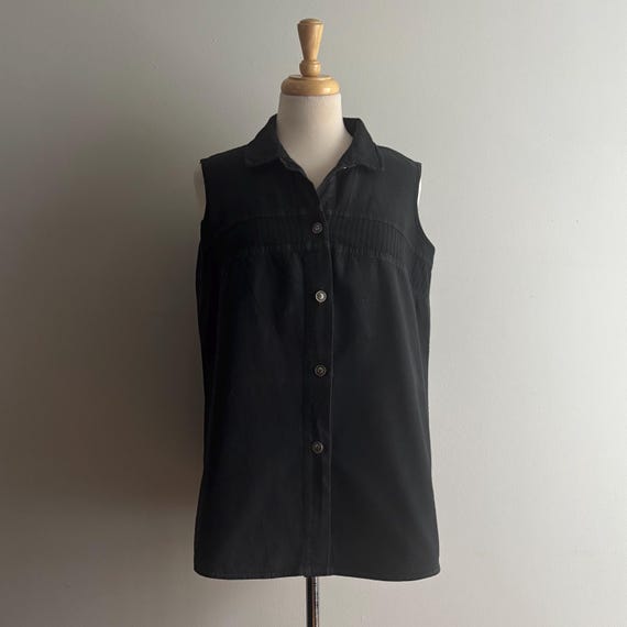 Vintage 1980s Black Sleeveless 100% Cotton Button Down Shirt / M