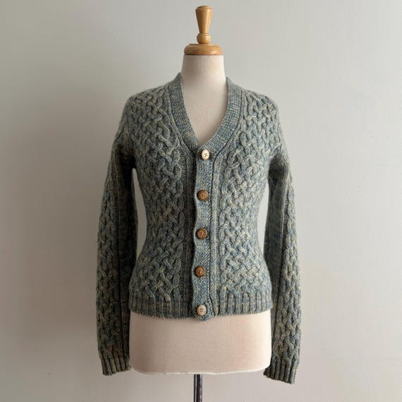 Vintage 1970s Blue & Cream Wool Marl Cable Knit Cardigan Sweater / XS S