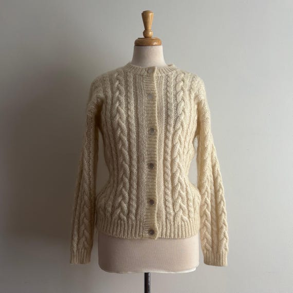 Vintage 1980s Cream Mohair Blend Cable Knit Cardigan / S