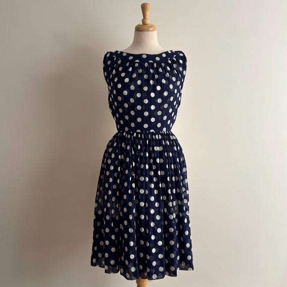 Vintage 1960s GAY GIBSON Navy Blue & White Polka Dot Sleeveless Dress / 24 inch waist
