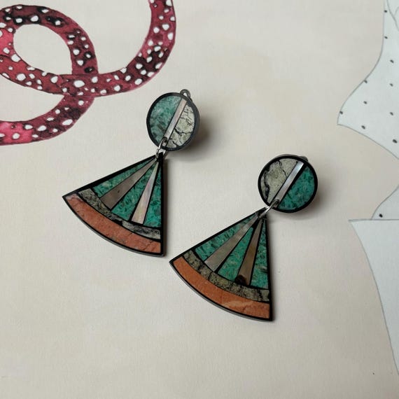Vintage Zuni Mother of Pearl Turquoise Marbled Stone Inlay Earrings