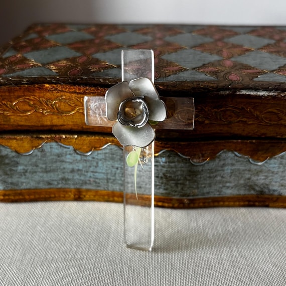 Vintage 1940s Lucite Cross and Rose Brooch