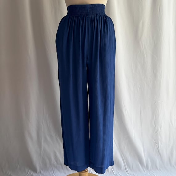 Vintage 1990s Sheer Cobalt Blue Crinkle Rayon Wide Leg Pants / 4