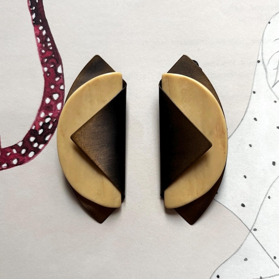 Vintage Brass and Bone Clip-on Modernist Statement Earrings