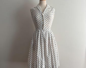 Vintage 1960s White & Blue Polka Dot Crepe Sleeveless Dress / 24 waist
