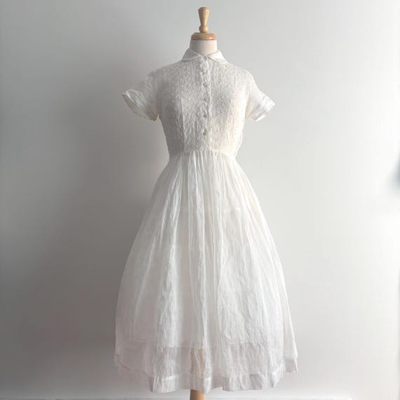 Vintage 1950s White Eyelet Lace and Sheer Gauze Dress / 28 inch waist