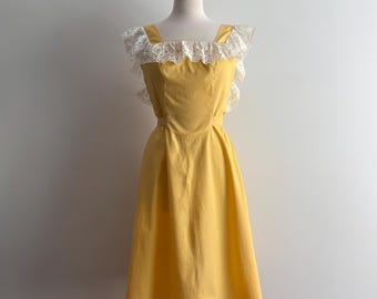 Vintage 1960s Yellow Cotton Sundress with Eyelet Lace Ruffles / 26 waist