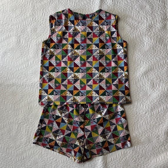 Vintage 1960s Patchwork Print Sleeveless Top and Shorts Set / S