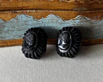 Vintage Black Carved  Bakelite & Celluloid Cameo Screwback Earrings