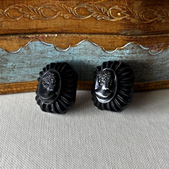 Vintage Black Carved  Bakelite & Celluloid Cameo Screwback Earrings