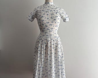 Vintage Sheer White Cotton with Blue Floral Print Midi Dress / 25 waist