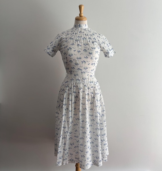 Vintage Sheer White Cotton with Blue Floral Print Midi Dress / 25 waist