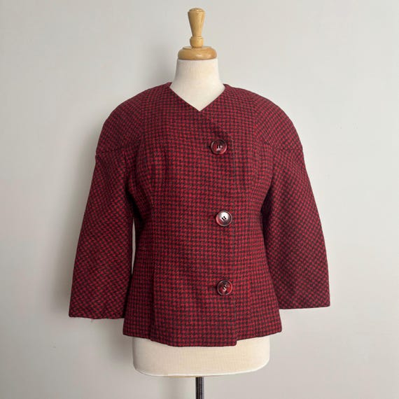 Vintage 1960s GALANOS Red and Charcoal Grey Houndstooth Wool Jacket
