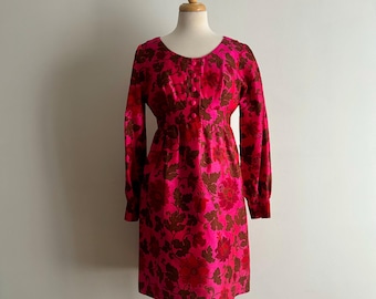 Vintage 60s Shantung Silk Dark Pink Floral Dress / Size S