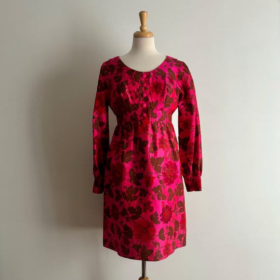 Vintage 60s Shantung Silk Dark Pink Floral Dress / Size S