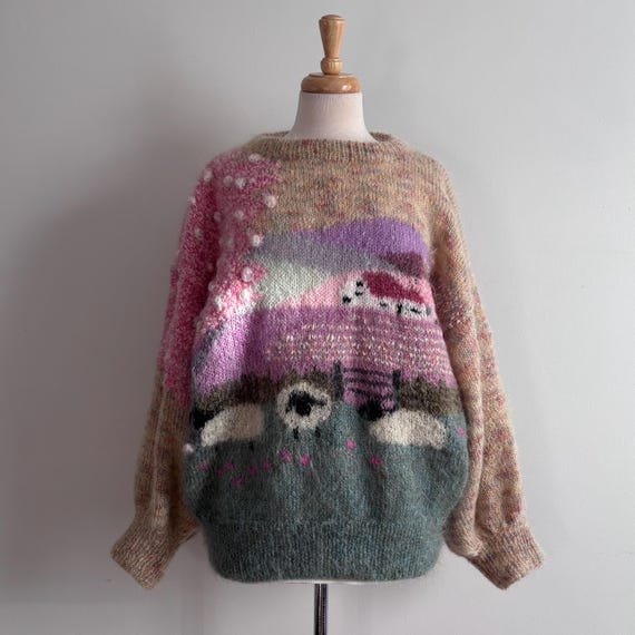 Vintage 80s SUSIE LEE Pastoral Sheep Mohair and Wool Sweater / One Size