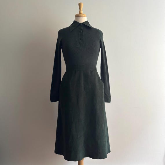 Vintage 70s Forest Green Knit and Faux Suede Dress / 28" waist