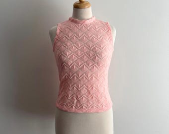 Vintage 1960s Pink Sheer Patterned Sleeveless Knit Top / 36