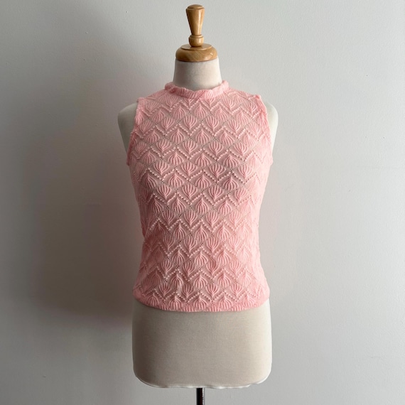 Vintage 1960s Pink Sheer Patterned Sleeveless Knit Top / 36