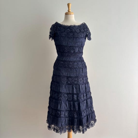 Vintage 1950s Darkest Blue Silk Organdy Ribbon Hairpin Lace Dress / 28 waist