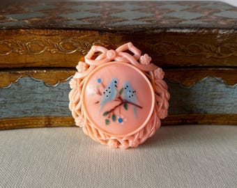 Vintage Pink Early Plastic Hand-painted Bluebirds Brooch