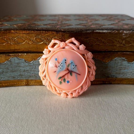 Vintage Pink Early Plastic Hand-painted Bluebirds Brooch