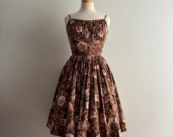 Vintage 1950s NELLY DON Brown with Pink Rose Print Dress / 25" waist